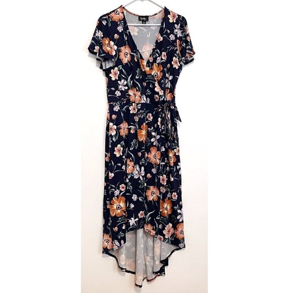 BY & BY / BY&BY Navy Blue Floral Print High Low Hi-Lo Midi Maxi Faux Wrap Dress - Picture 2 of 16
